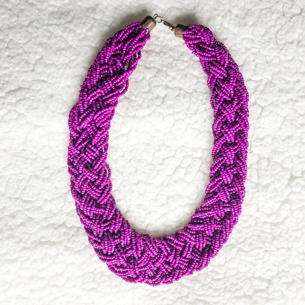 Purple Braided Beaded Bib Necklace